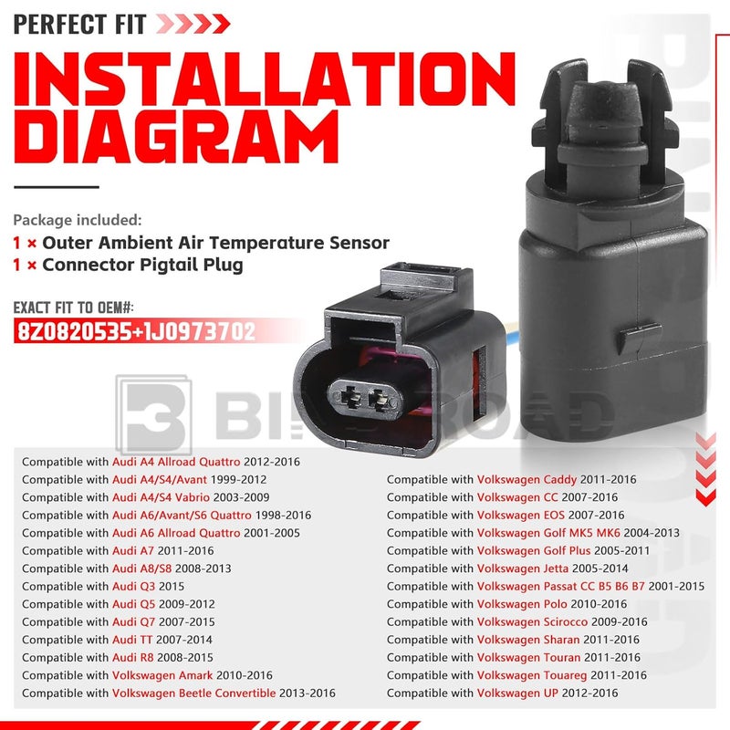 BINB ROAD Outside Ambient Air Temperature Sensor with Plug 8Z0820535 + 1J0973702 Compatible with Audi A4 A6 A7 Q5 Q7 | VW Golf Jetta Passat - Image 2